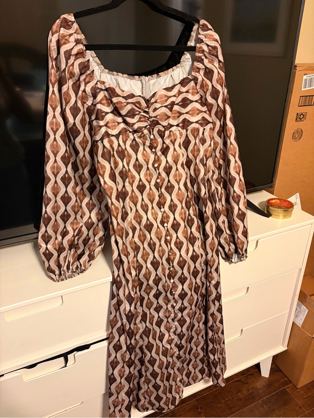 Brown Wave-Print Peasant Dress - Women's